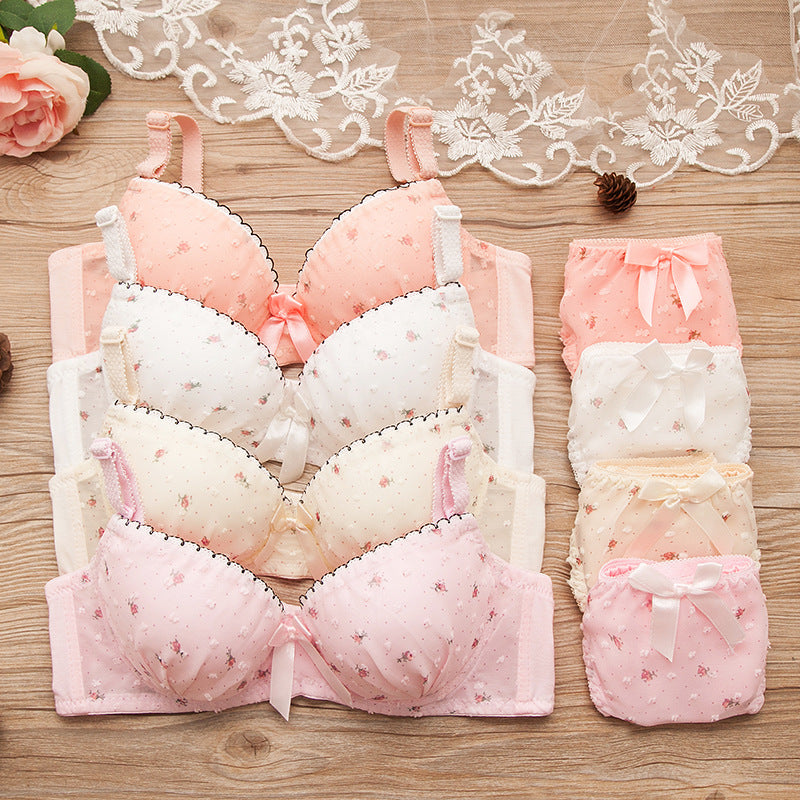 Round Dots Floral Prints Cotton Lace Lingerie Sets