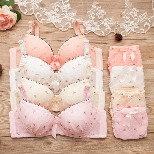 Round Dots Floral Prints Cotton Lace Lingerie Sets