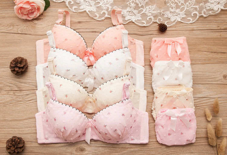Round Dots Floral Prints Cotton Lace Lingerie Sets