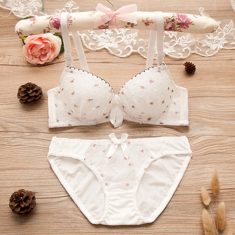 Round Dots Floral Prints Cotton Lace Lingerie Sets