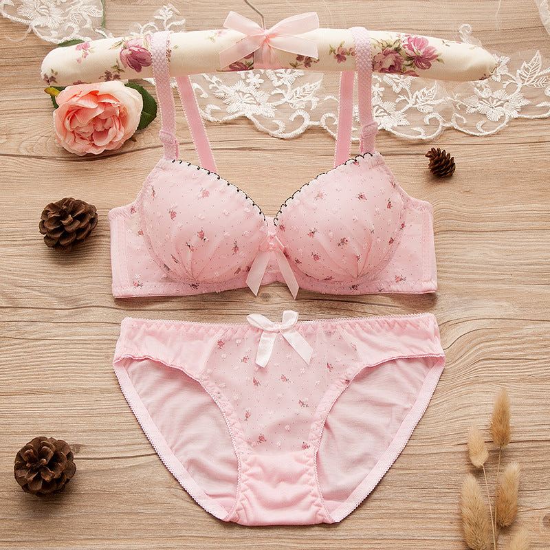 Round Dots Floral Prints Cotton Lace Lingerie Sets