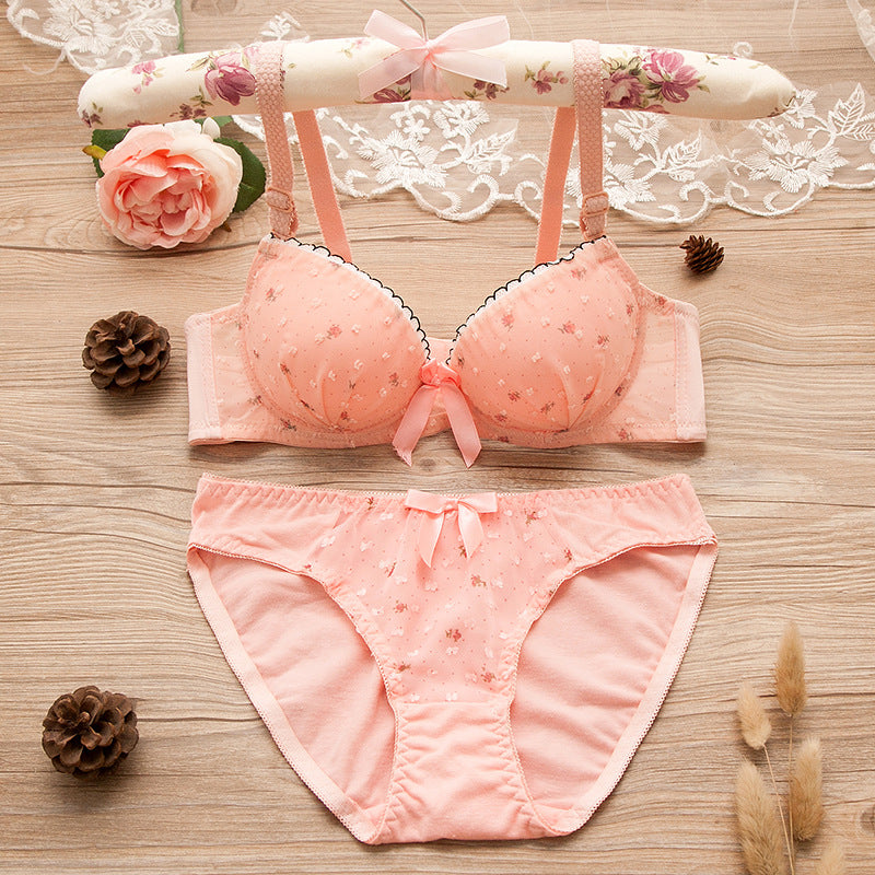 Round Dots Floral Prints Cotton Lace Lingerie Sets