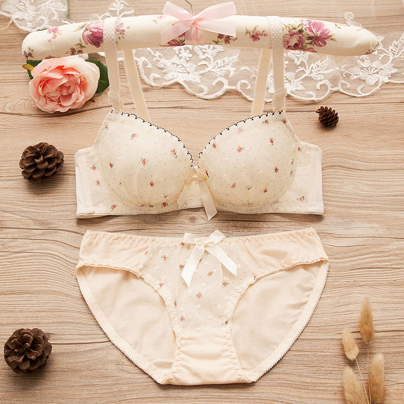 Round Dots Floral Prints Cotton Lace Lingerie Sets