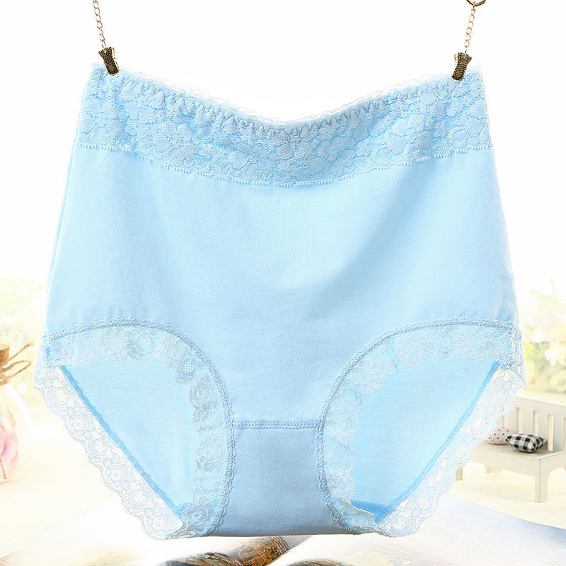 Women's Cotton High-waisted Solid Color Lace Trim Briefs Belly Panties