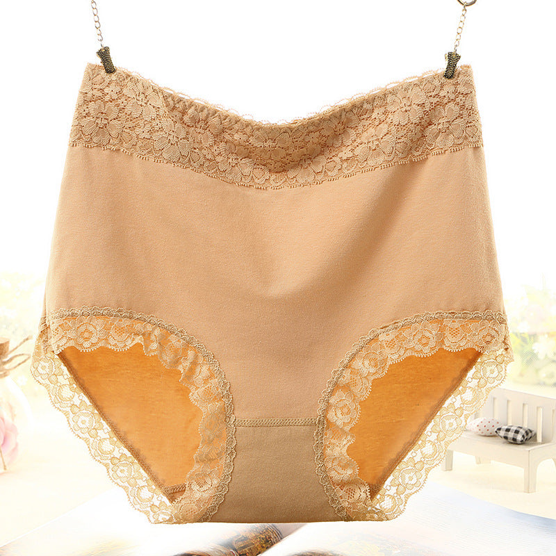Women's Cotton High-waisted Solid Color Lace Trim Briefs Belly Panties