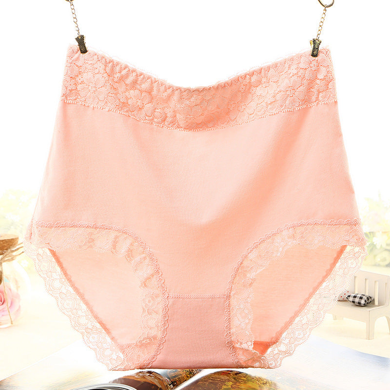 Women's Cotton High-waisted Solid Color Lace Trim Briefs Belly Panties