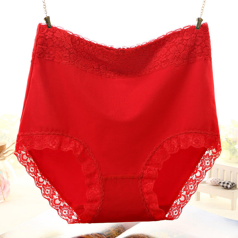 Women's Cotton High-waisted Solid Color Lace Trim Briefs Belly Panties