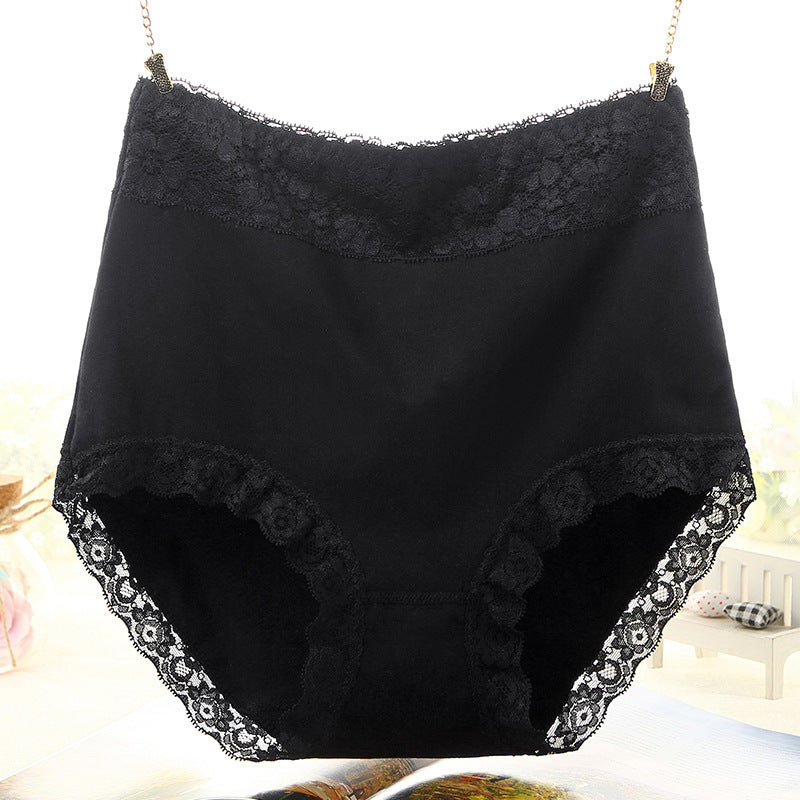 Women's Cotton High-waisted Solid Color Lace Trim Briefs Belly Panties