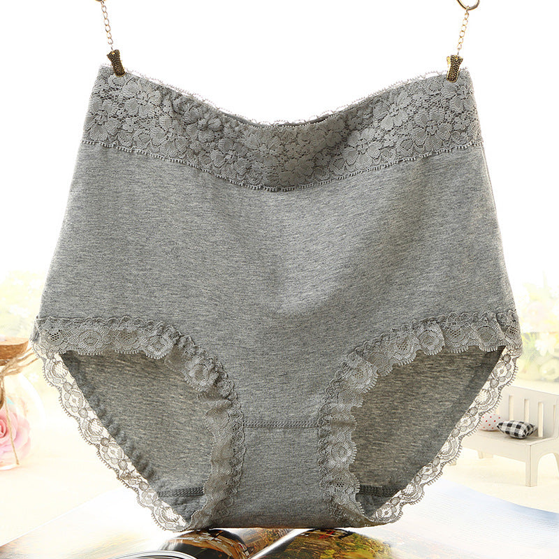 Women's Cotton High-waisted Solid Color Lace Trim Briefs Belly Panties