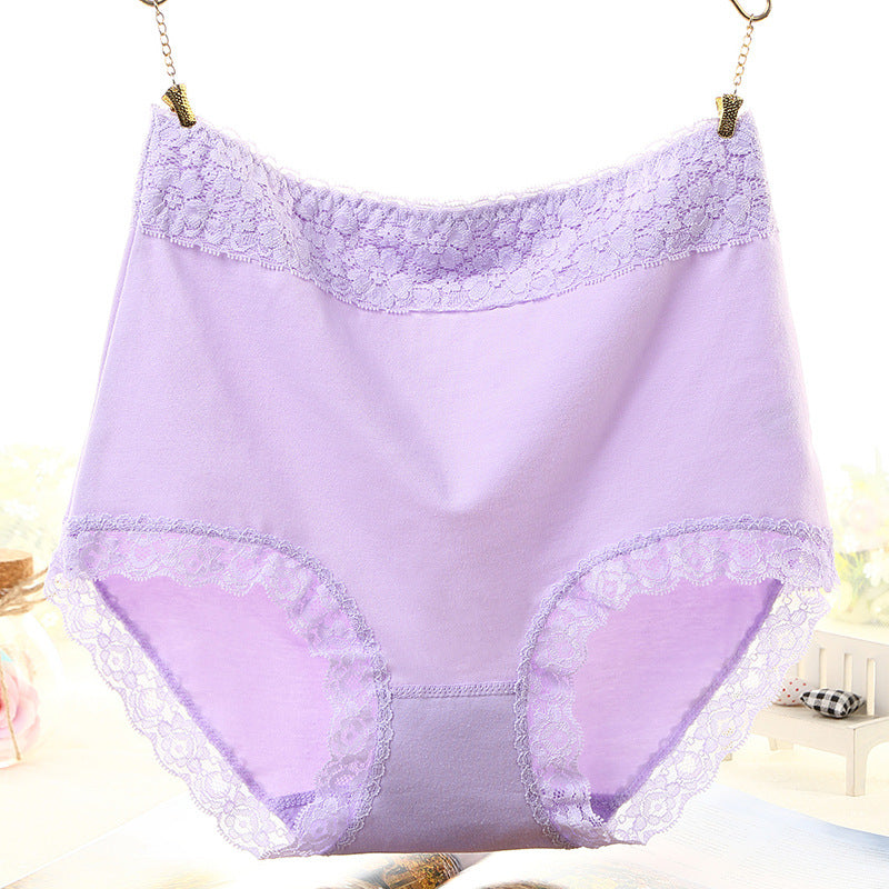Women's Cotton High-waisted Solid Color Lace Trim Briefs Belly Panties