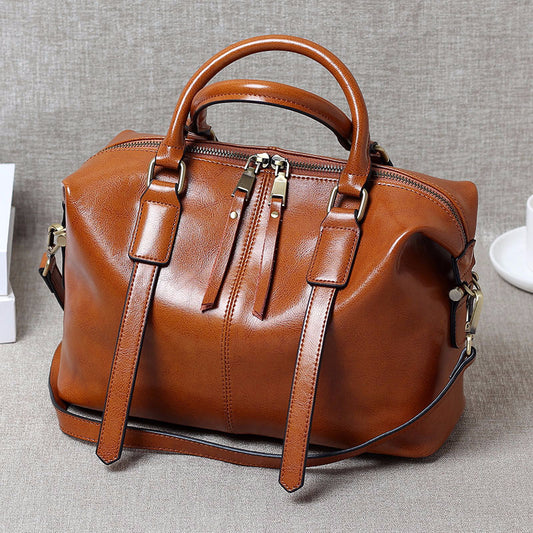 Women's Portable Oil Wax Cow Leather Boston Handbags