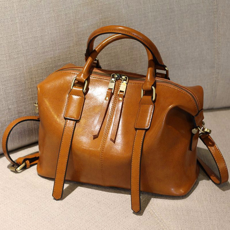 Women's Portable Oil Wax Cow Leather Boston Handbags