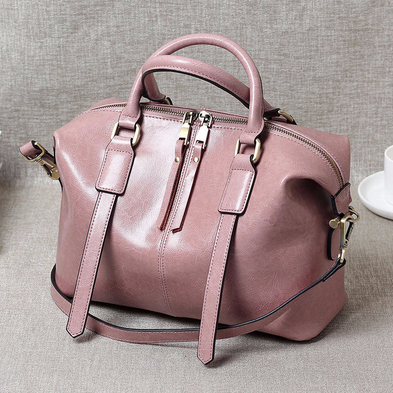 Women's Portable Oil Wax Cow Leather Boston Handbags