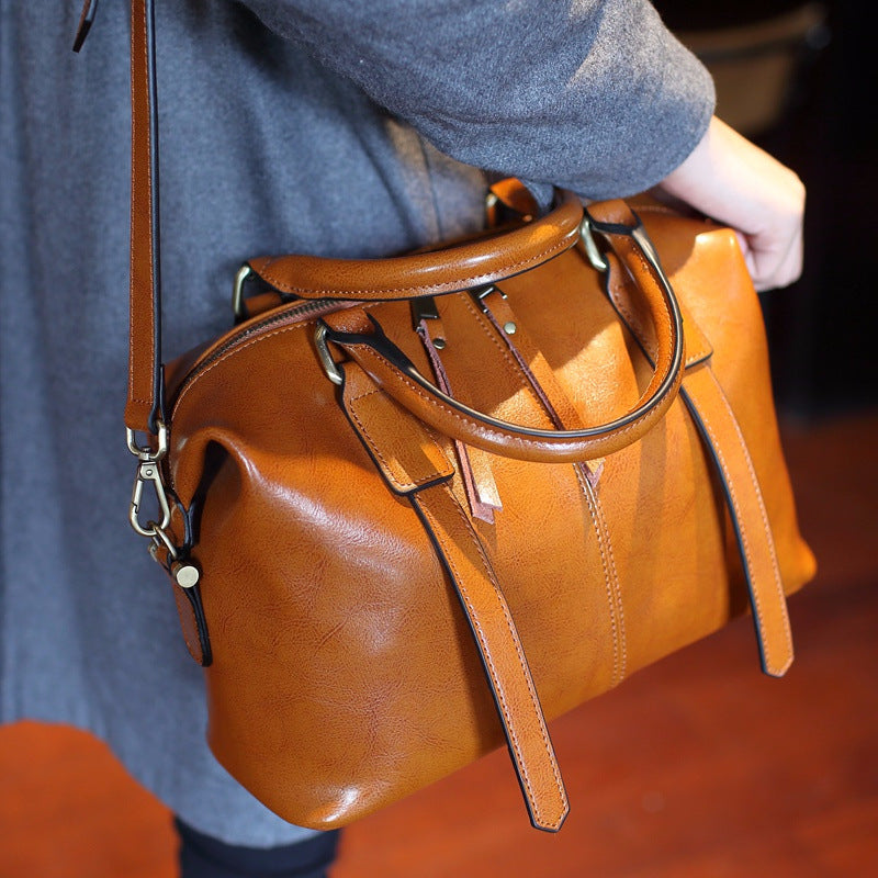 Women's Portable Oil Wax Cow Leather Boston Handbags