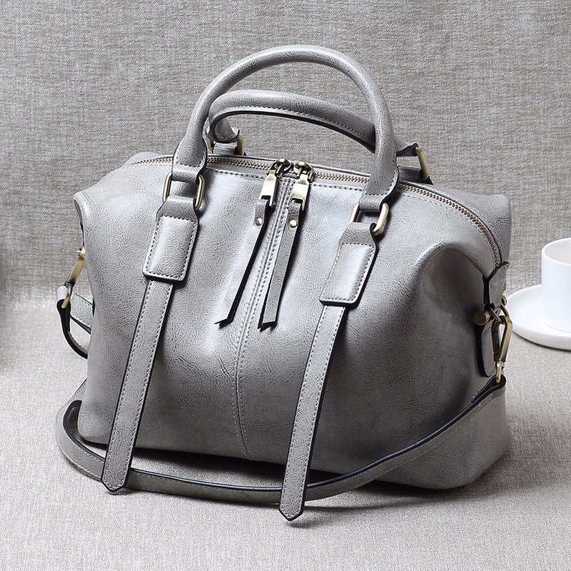 Women's Portable Oil Wax Cow Leather Boston Handbags