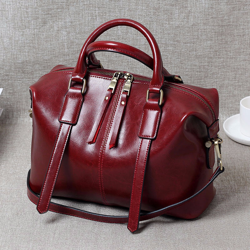 Women's Portable Oil Wax Cow Leather Boston Handbags
