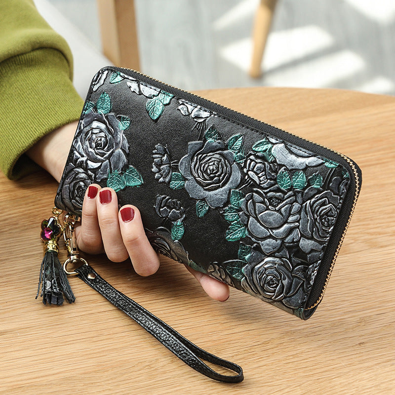 Women's Long Leather Zipper Retro Ethnic Style Three-dimensional Ladies Wallet