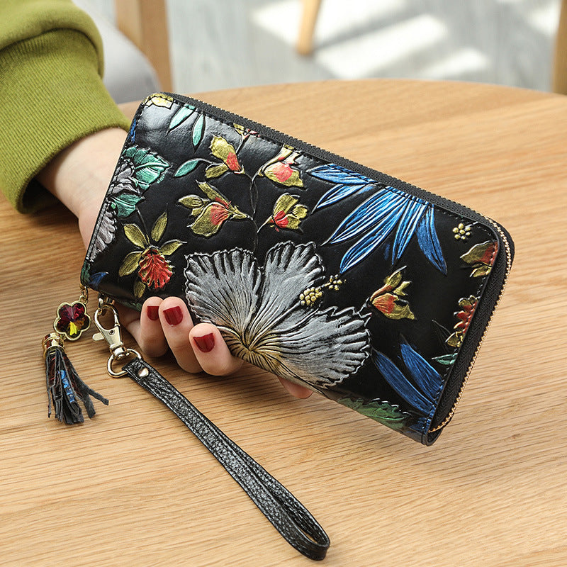 Women's Long Leather Zipper Retro Ethnic Style Three-dimensional Ladies Wallet