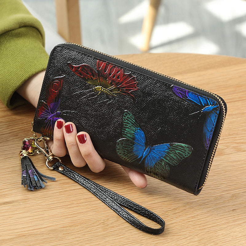Women's Long Leather Zipper Retro Ethnic Style Three-dimensional Ladies Wallet
