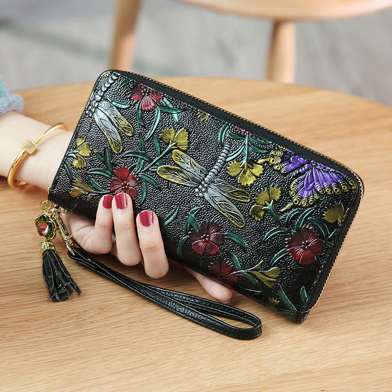 Women's Long Leather Zipper Retro Ethnic Style Three-dimensional Ladies Wallet