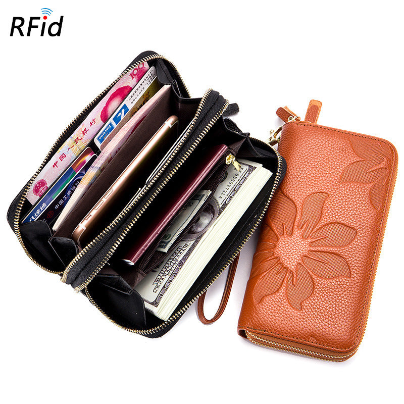 Women's Double Zipper Leather Large Capacity Long Top Ladies Wallets