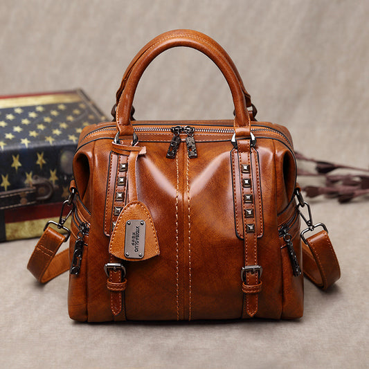 Women's Oil Wax Retro Portable Fashion Handbags