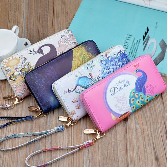 Women's Clutch Long Zip Female Korean Style Printed Peacock Fashion Ladies Wallets