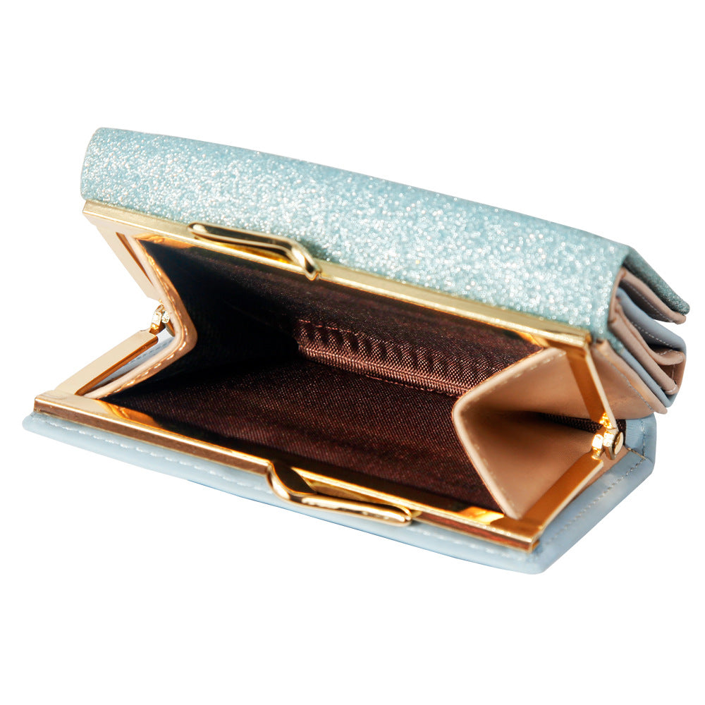 Women's Short Bright Leather Tri Fold Metal Coin Purses