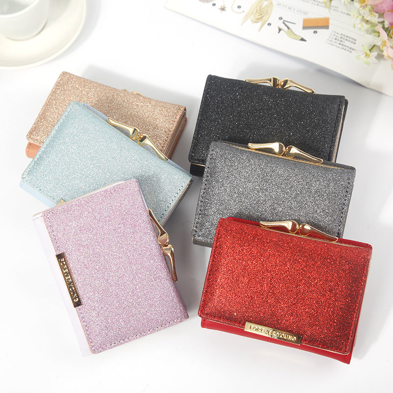 Women's Short Bright Leather Tri Fold Metal Coin Purses