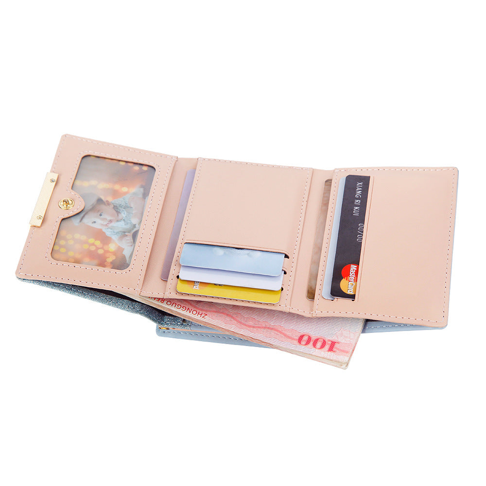 Women's Short Bright Leather Tri Fold Metal Coin Purses