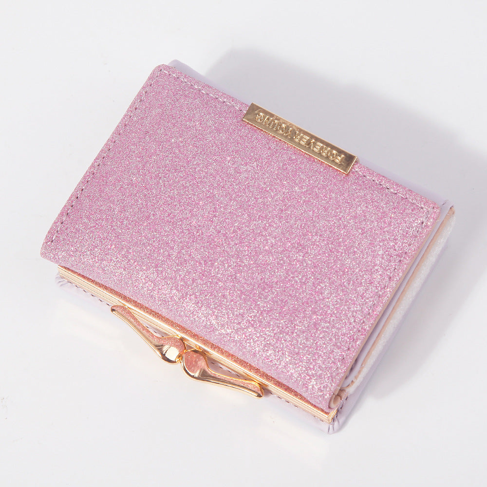 Women's Short Bright Leather Tri Fold Metal Coin Purses