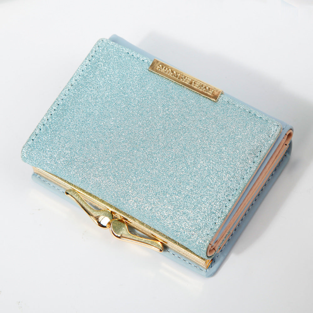 Women's Short Bright Leather Tri Fold Metal Coin Purses