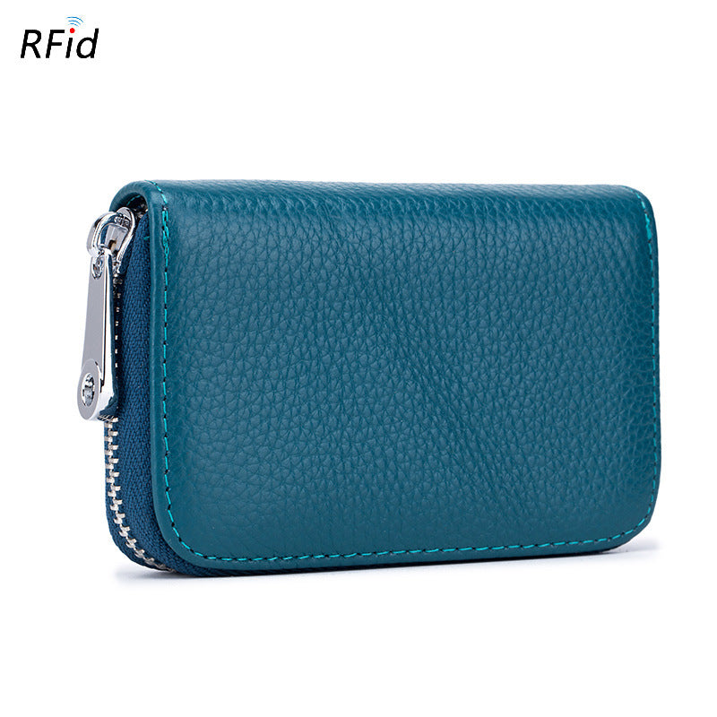 Women's & Men's Organ Zipper Cowhide Swiping Magnetic Leather Card Holder