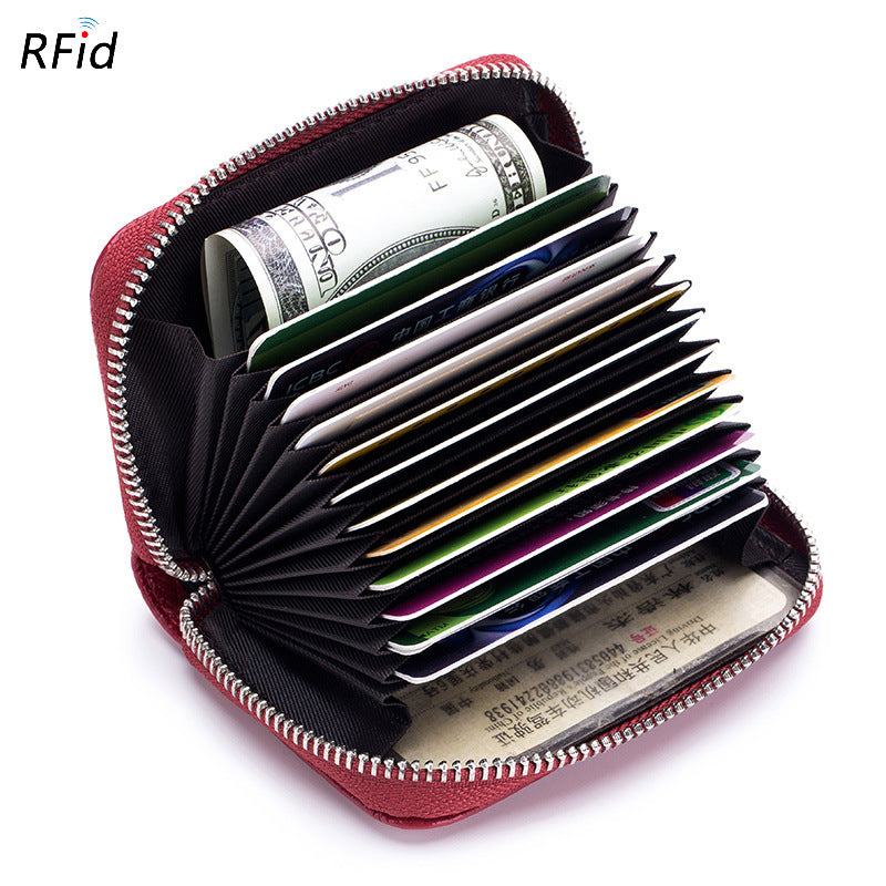 Women's & Men's Organ Zipper Cowhide Swiping Magnetic Leather Card Holder