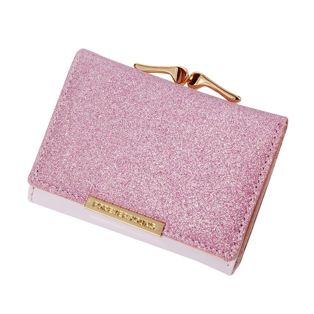 Women's Short Bright Leather Tri Fold Metal Coin Purses