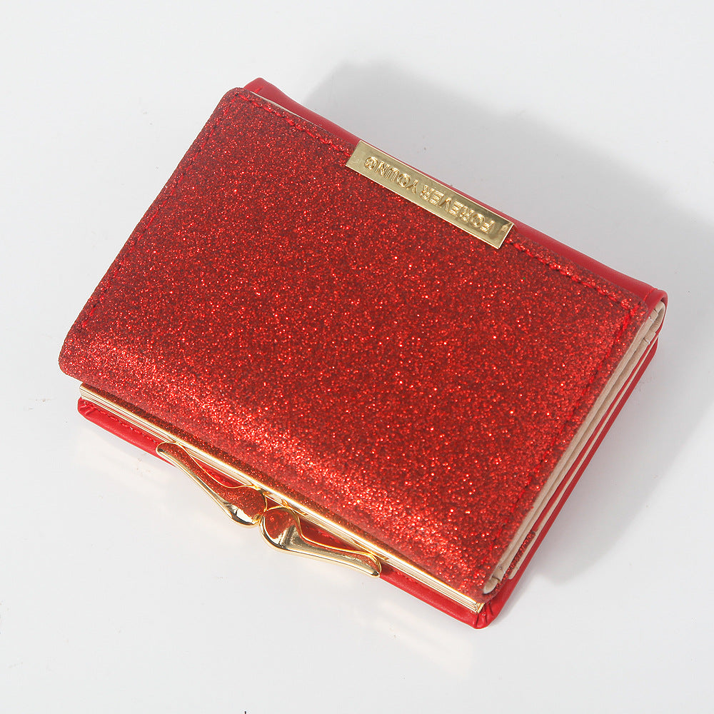 Women's Short Bright Leather Tri Fold Metal Coin Purses