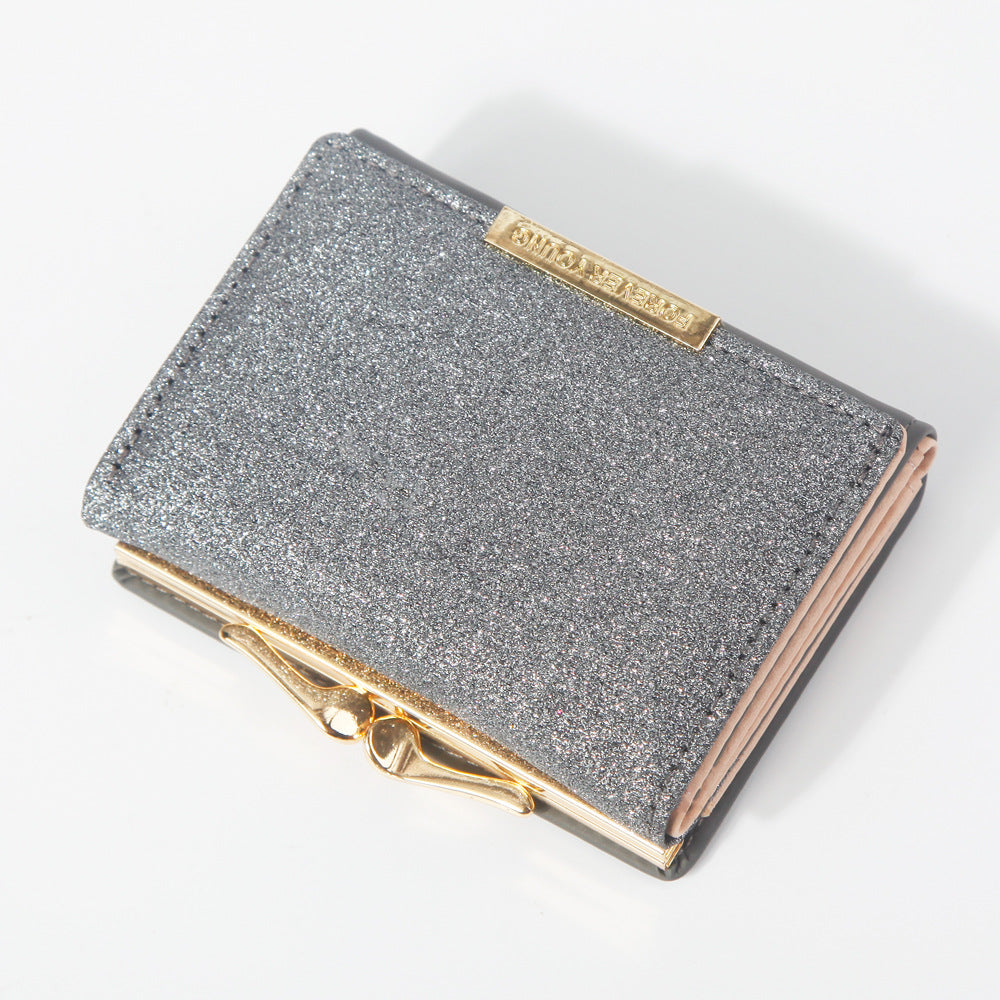 Women's Short Bright Leather Tri Fold Metal Coin Purses
