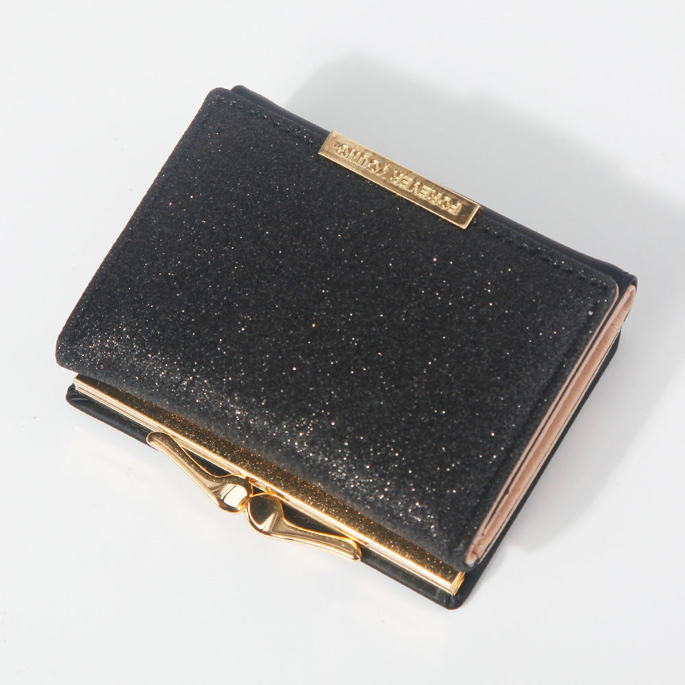 Women's Short Bright Leather Tri Fold Metal Coin Purses