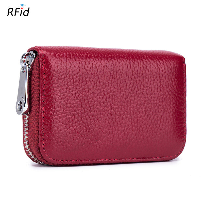Women's & Men's Organ Zipper Cowhide Swiping Magnetic Leather Card Holder