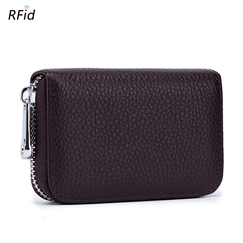 Women's & Men's Organ Zipper Cowhide Swiping Magnetic Leather Card Holder