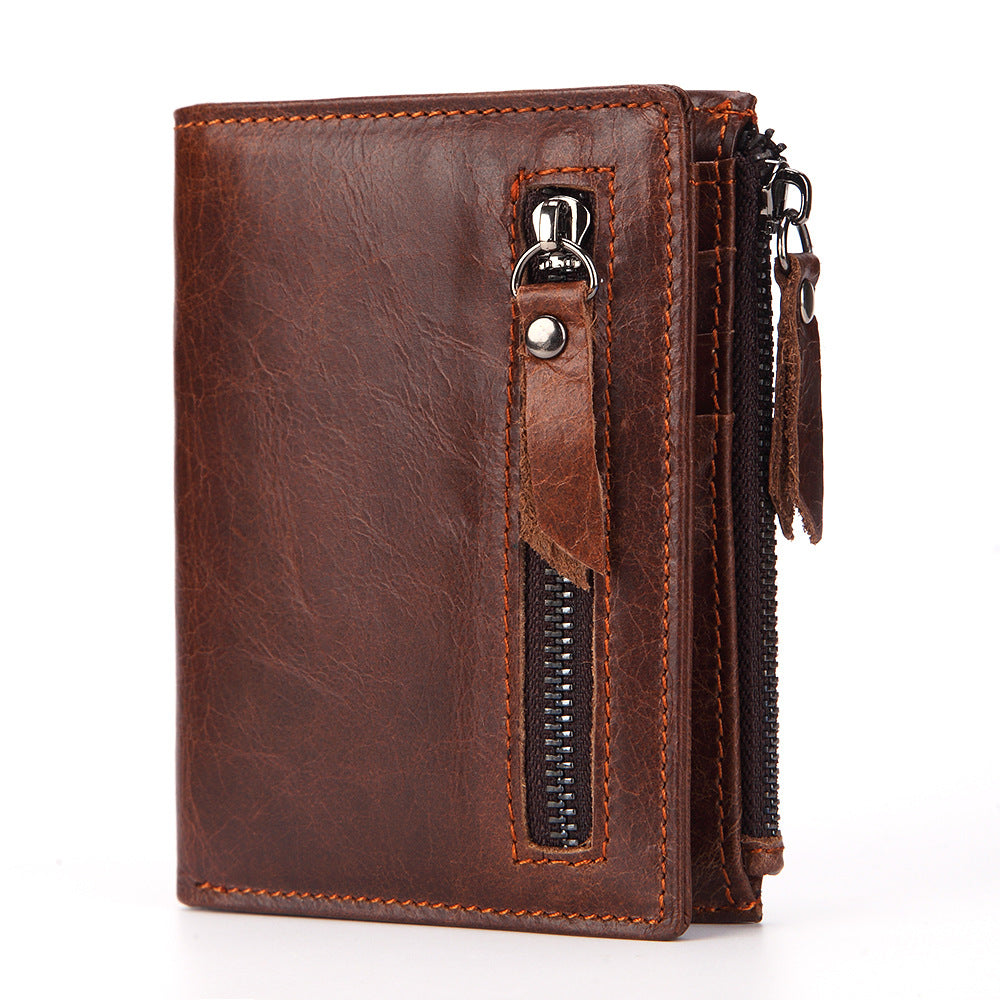 Men's Leather Short Zipper Oil Wax Cowhide Men's Wallets