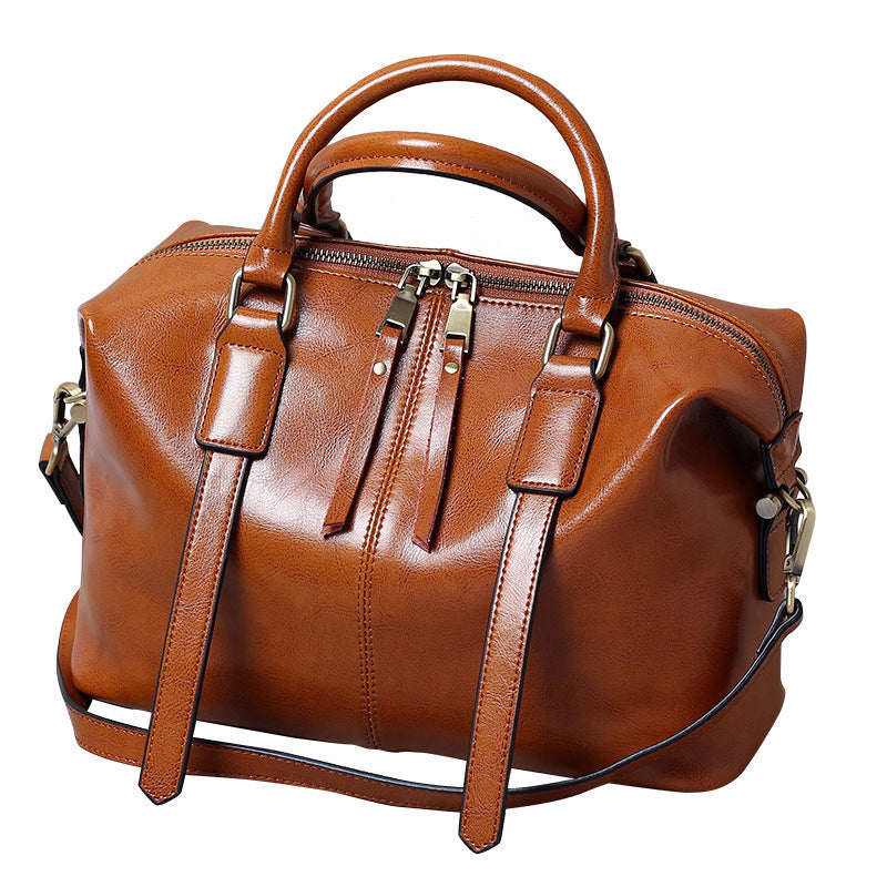 Women's Portable Oil Wax Cow Leather Boston Handbags