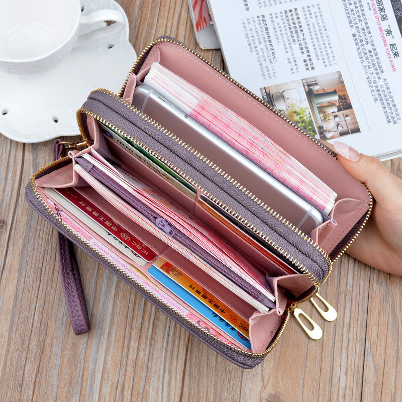 Women's Double Zip Clutch Large Capacity Layer Soft Leather Phone Bags