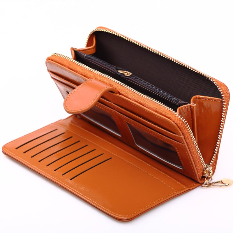 Women's Oily Leather Long Mobile Zipper Hand Ladies Wallets