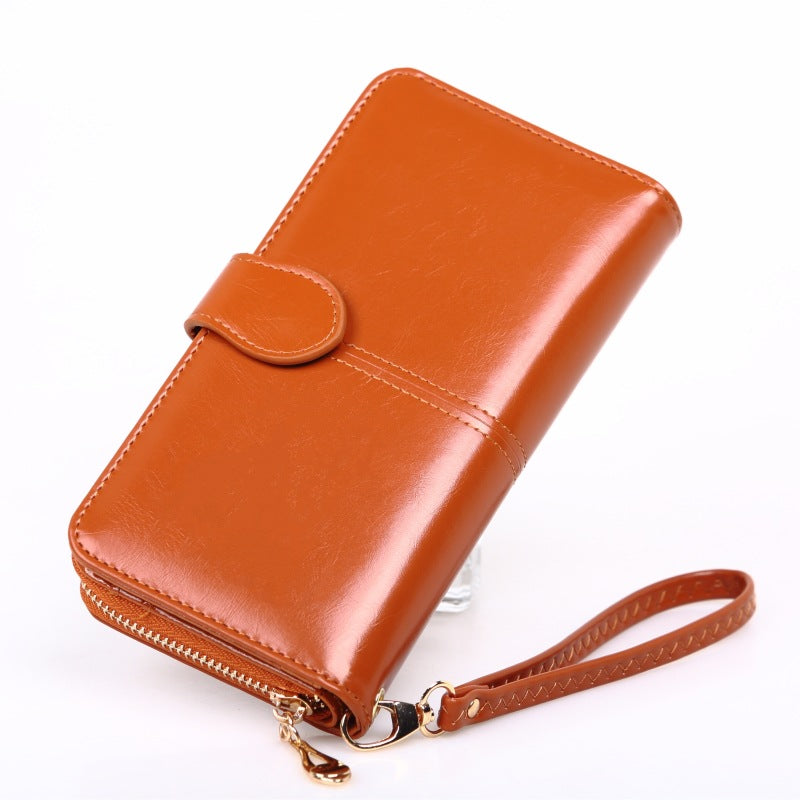 Women's Oily Leather Long Mobile Zipper Hand Ladies Wallets