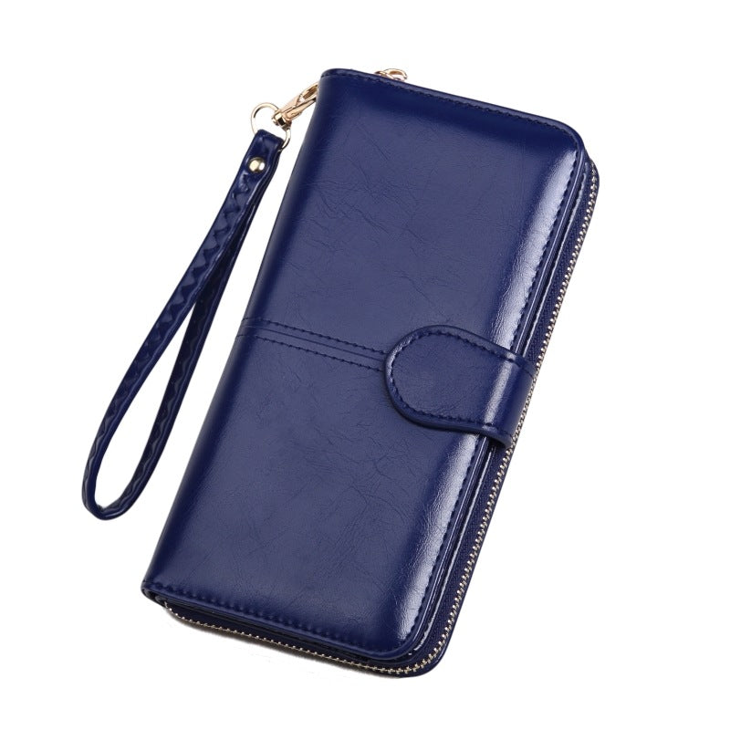 Women's Oily Leather Long Zipper Mobile Fashion Three Ladies Wallet
