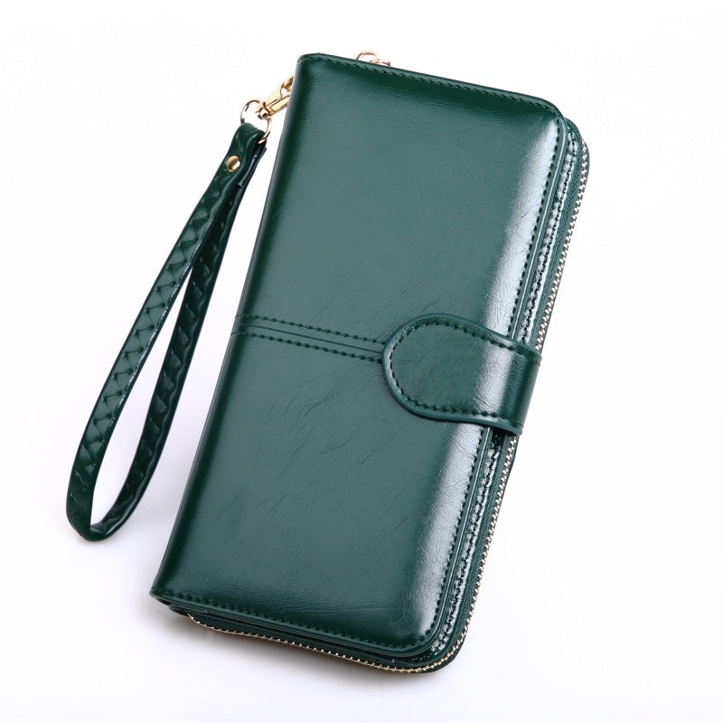 Women's Oily Leather Long Zipper Mobile Fashion Three Ladies Wallet