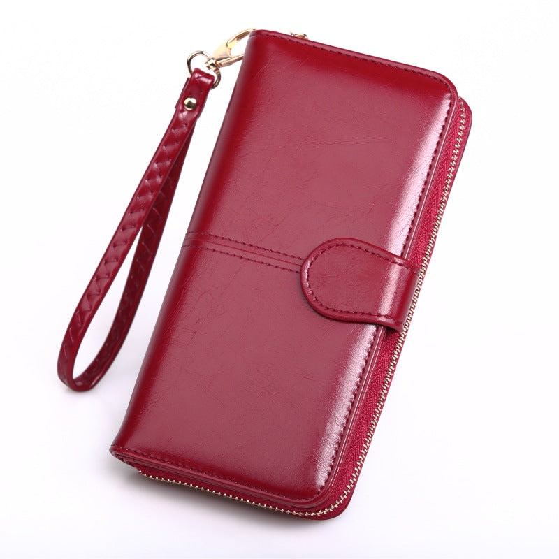 Women's Oily Leather Long Zipper Mobile Fashion Three Ladies Wallet