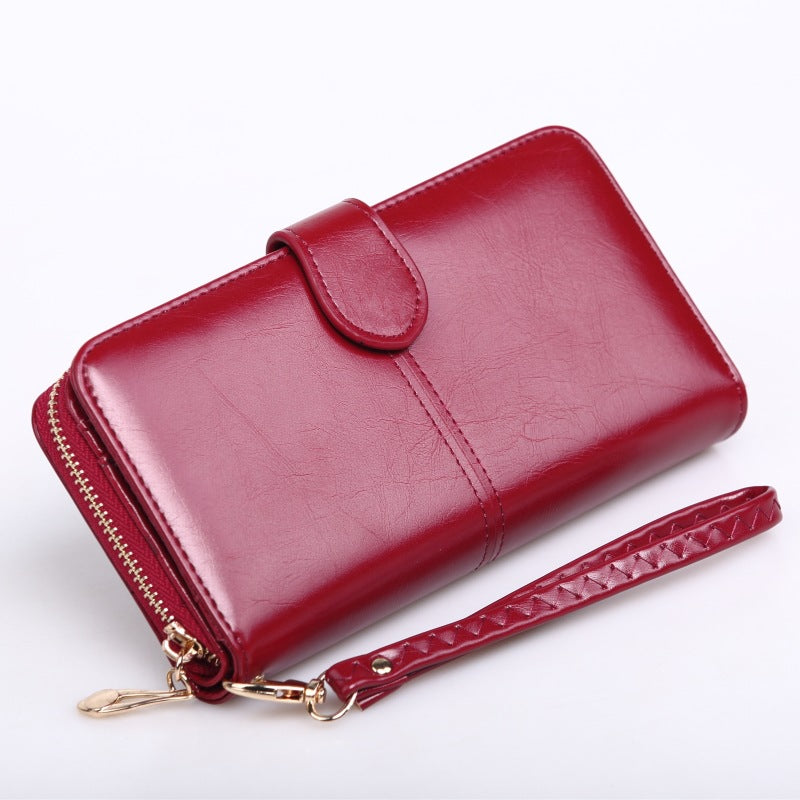 Women's Oily Leather Long Zipper Mobile Fashion Three Ladies Wallet