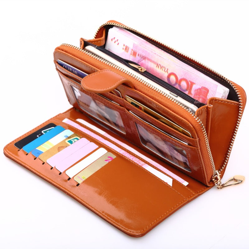 Women's Oily Leather Long Mobile Zipper Hand Ladies Wallets